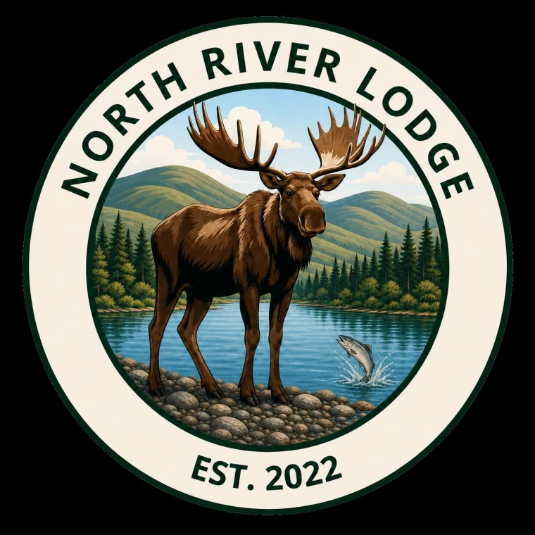 The North River Lodge crest: a moose at the river's edge with evergreens and a leaping salmon