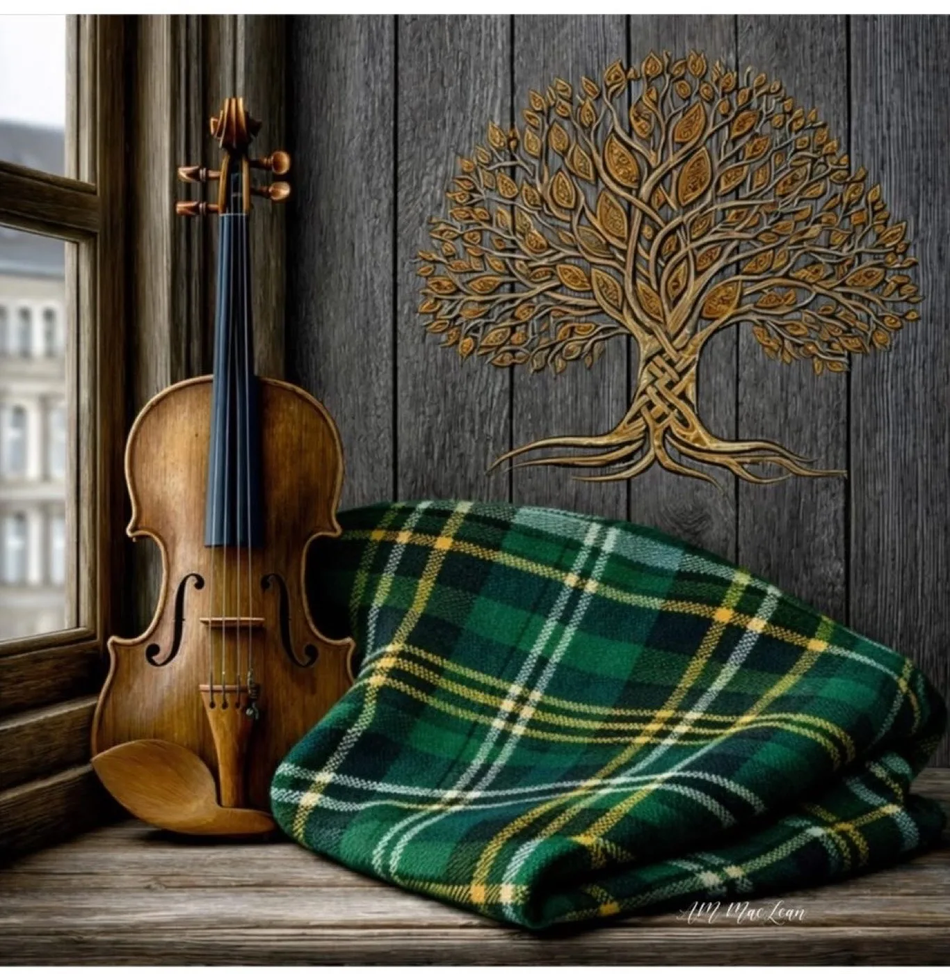 A fiddle and folded tartan by a window, a nod to Cape Breton's Celtic roots
