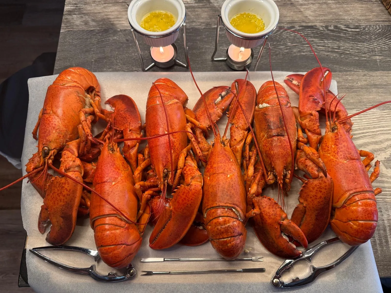 A platter of fresh-cooked Cape Breton lobster with drawn butter